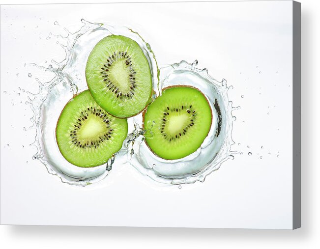 White Background Acrylic Print featuring the photograph Kiwi Slices Splash by Chris Stein