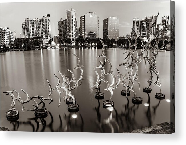 America Acrylic Print featuring the photograph Lake Eola Take Flight and Orlando Skyline - Sepia by Gregory Ballos