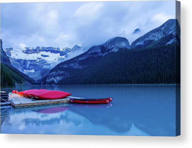 Outdoor; Water; Lake; Emerald; Lake Louise; Boat; Mt Victoria; Sunrise; Banff; Banff National Park; Canada Acrylic Print featuring the digital art Lake Louise by Michael Lee