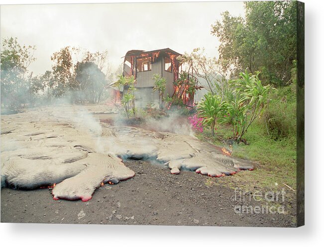 Hawaii Volcanoes National Park Acrylic Print featuring the photograph Lava From Kilauea Volcano Consumes Home by Bettmann