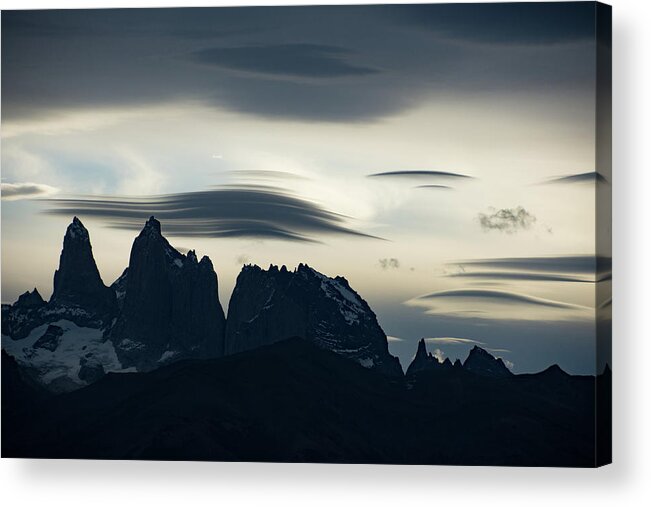 Dusk Acrylic Print featuring the photograph Lenticular Clouds above the Torres del Paine at Dusk by Mark Hunter