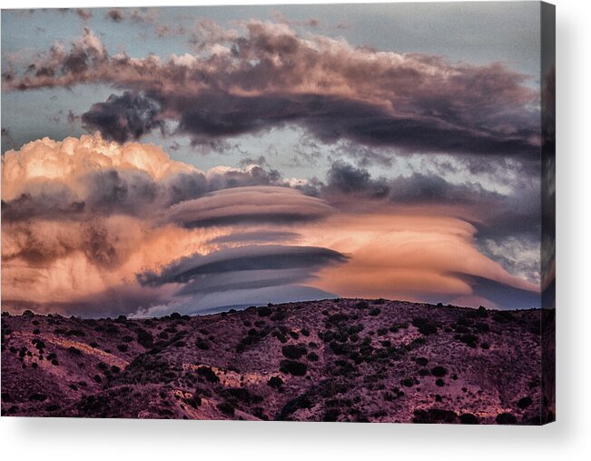 Linda Brody Acrylic Print featuring the digital art Lenticular Clouds at Sunset 1 by Linda Brody