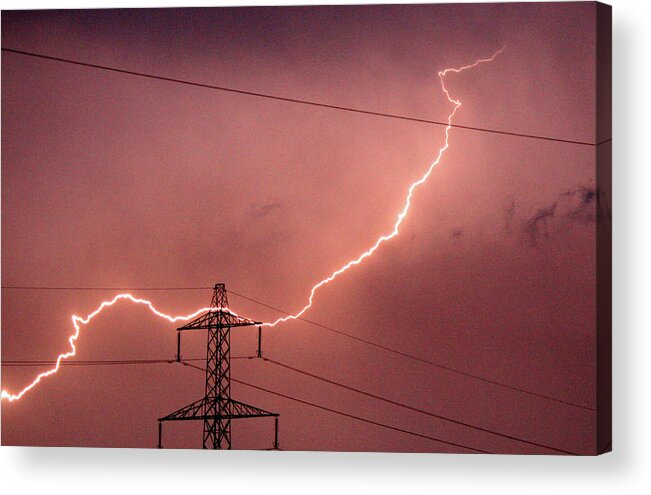 In A Row Acrylic Print featuring the photograph Lightning Hitting An Electricity Pylon by Peter Lawson