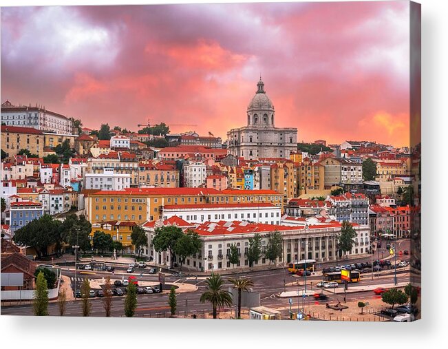 Cityscape Acrylic Print featuring the photograph Lisbon, Portugal Twilight Cityscape by Sean Pavone