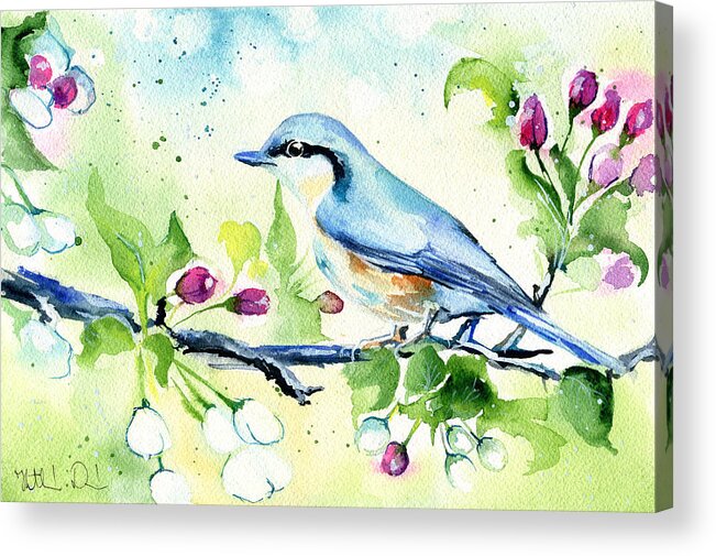 Spring Acrylic Print featuring the painting Little Blue Spring Bird by Dora Hathazi Mendes