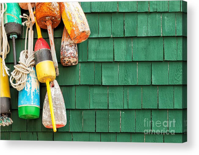 Usa Acrylic Print featuring the photograph Lobster Buoys Hanging On A Green Wood by Cdrin