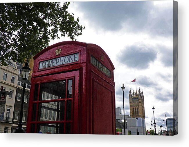 London Acrylic Print featuring the photograph London Telephone Booth with Tower London UK by Toby McGuire