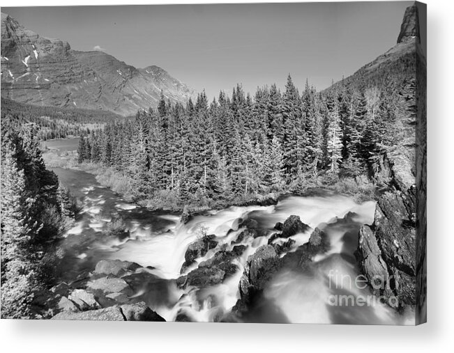 Red Rock Falls Acrylic Print featuring the photograph Looking Down Glacier Red Rock Falls Black And White by Adam Jewell
