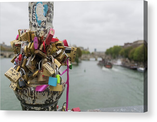 Love Locks Acrylic Print featuring the photograph Love Locks Overlook the Seine by Liz Albro