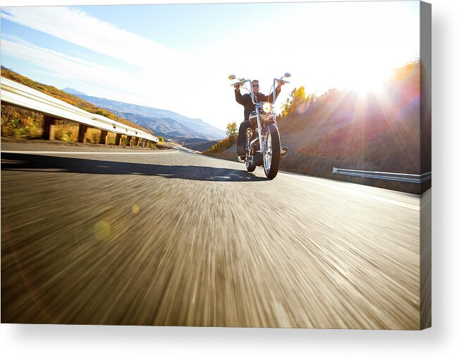 People Acrylic Print featuring the photograph Low-angle Of Motorcyclist On Windy Road by Tyler Stableford