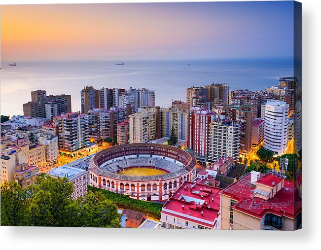 Cityscape Acrylic Print featuring the photograph Malaga, Spain Cityscape At Dawn by Sean Pavone