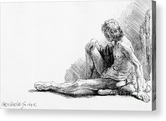 Nude Acrylic Print featuring the drawing Man seated on the ground, 1646 by Rembrandt