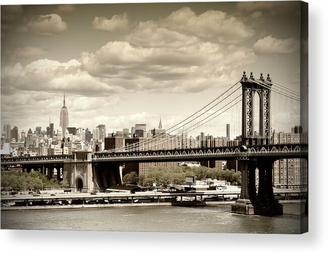 Lower Manhattan Acrylic Print featuring the photograph Manhattan Bridge, Nyc. Vintage Style by Lisa-blue