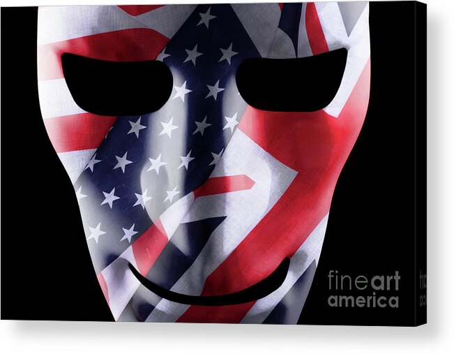 Mask Acrylic Print featuring the photograph Mask with GB and USA flags overlaid by Simon Bratt