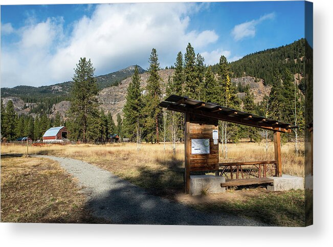 Mazama Barn Trail And Bench Acrylic Print featuring the photograph Mazama Barn Trail and Bench by Tom Cochran