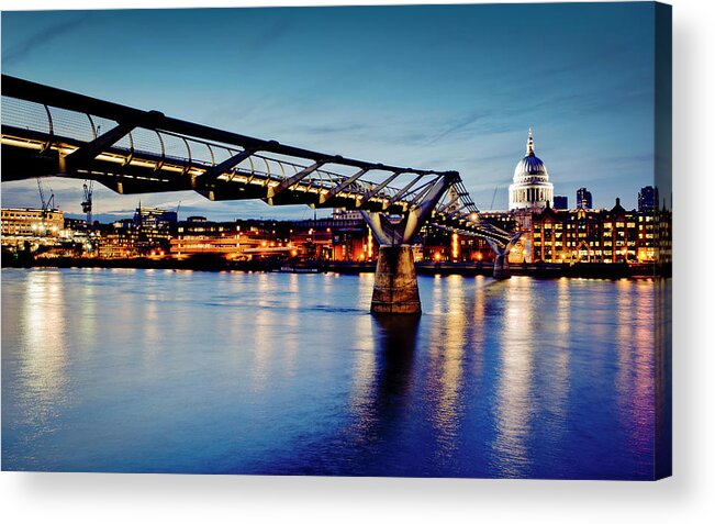 London Millennium Footbridge Acrylic Print featuring the photograph Millennium Bridge Lit Up At Night by Cultura Exclusive/dan Dunkley