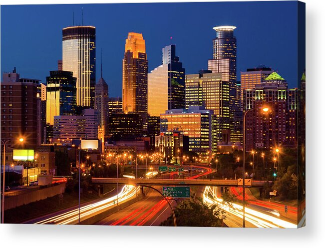 Downtown District Acrylic Print featuring the photograph Minneapolis Skyline At Dusk by Davel5957