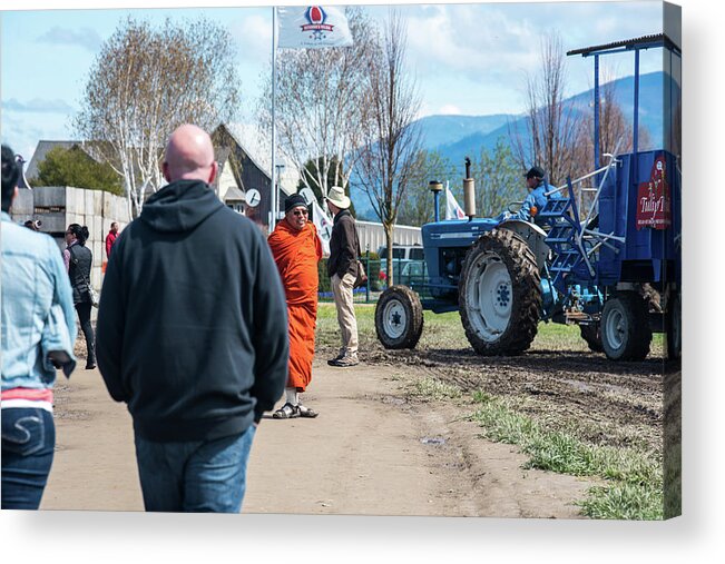Monk And Tractor Acrylic Print featuring the photograph Monk and Tractor by Tom Cochran