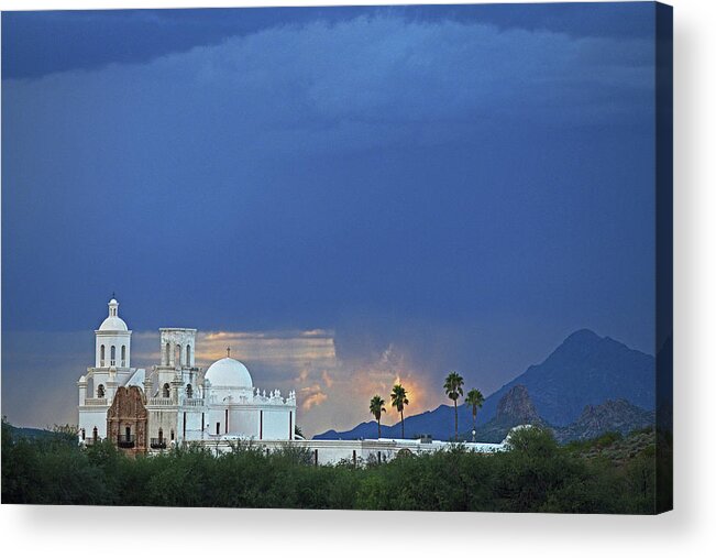 San Xavier Del Bac Mission Acrylic Print featuring the photograph Monsoon Skies over the Mission by Chance Kafka