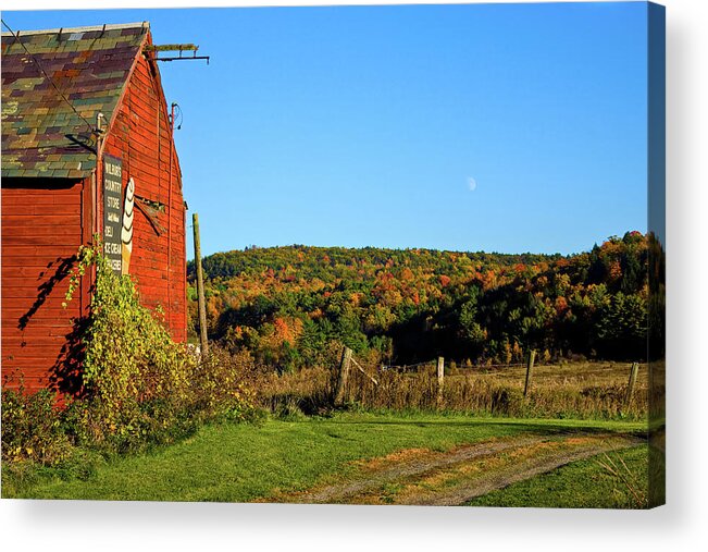 Vermont Red Barn Acrylic Print featuring the photograph Moon rise over Vermont foliage on the farm by Jeff Folger