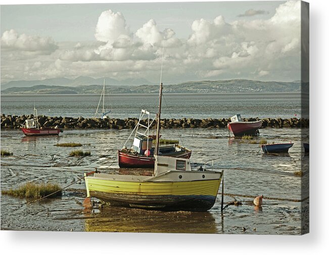 Morecambe Acrylic Print featuring the photograph MORECAMBE. Boats On The Shore. by Lachlan Main