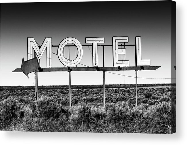 Motel Sign Acrylic Print featuring the photograph Motel Nowhere in Black and White by Mark Kiver