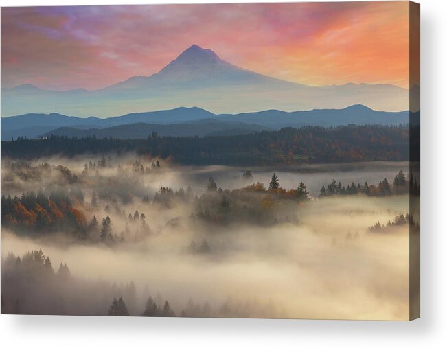 Mount Acrylic Print featuring the photograph Mount Hood over Foggy Sandy River Valley Sunrise by David Gn