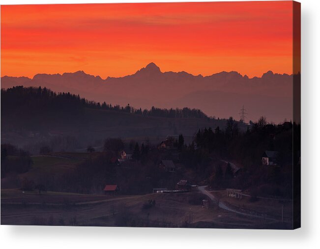Julian Acrylic Print featuring the photograph Mount Triglav and the Julian Alps at sunset by Ian Middleton