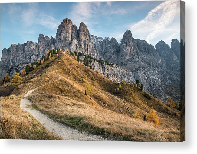 Dolomites Acrylic Print featuring the photograph Mountain landscape of the picturesque Dolomites at Passo Gardena by Michalakis Ppalis