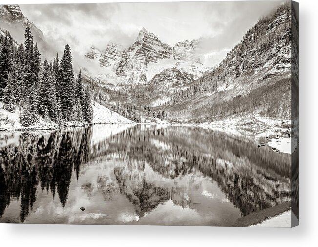 America Acrylic Print featuring the photograph Mountain Landscape Reflections of Maroon Bells Colorado - Sepia by Gregory Ballos