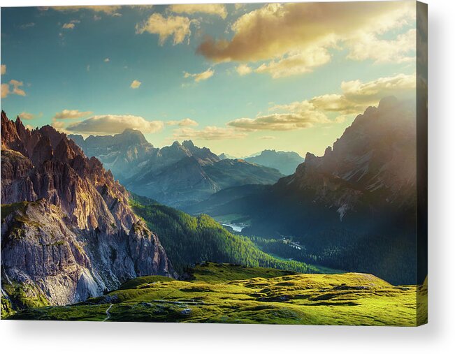 Belluno Acrylic Print featuring the photograph Mountains And Valley At Sunset by Mammuth