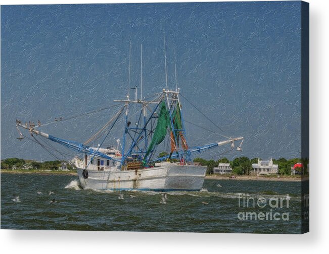Mrs Judy Too Acrylic Print featuring the painting Mrs Judy Too Shrimp Boat Cruising by Sullivan's Island SC by Dale Powell