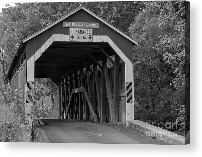 Mt Pleasant Covered Bridge Acrylic Print featuring the photograph Mt. Pleasant Covered Bridge Black And White by Adam Jewell