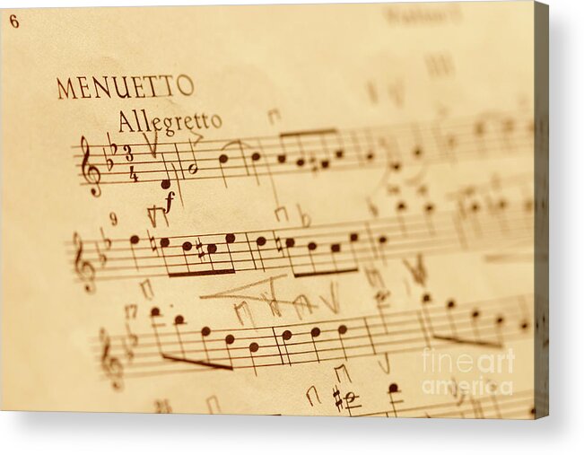 Music Acrylic Print featuring the photograph Music Score. Minuet In B Flat Minor. Allegretto Tempo, Treble Clef, 3/4 Time Signature. by 