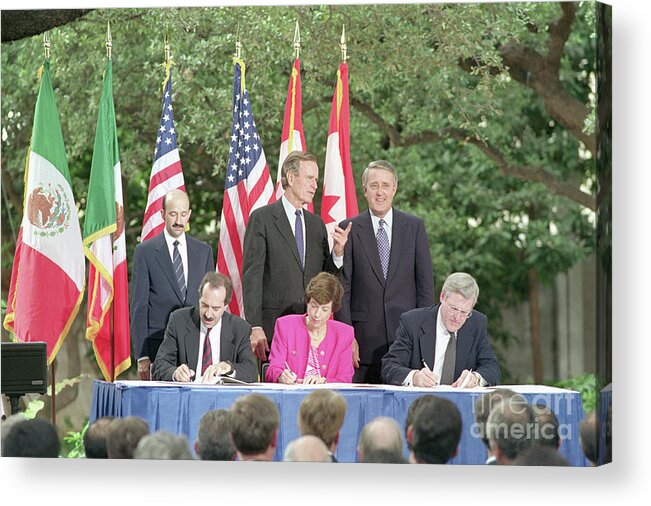 Trading Acrylic Print featuring the photograph Nafta Signing by Bettmann