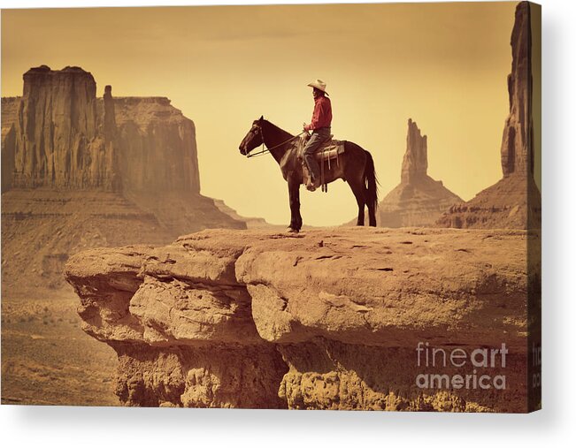 Horse Acrylic Print featuring the photograph Native American Indian Cowboy On Horse by Yinyang