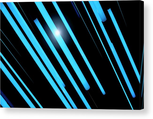 Shadow Acrylic Print featuring the photograph Neon Blue Rods Of Glowing Light by Ralf Hiemisch