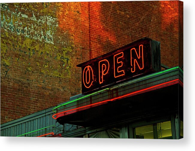 Built Structure Acrylic Print featuring the photograph Neon Open Sign On Old Diner Hotel by Matt Champlin