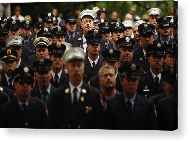 People Acrylic Print featuring the photograph New York City Fire Fighters Commemorate by Mario Tama