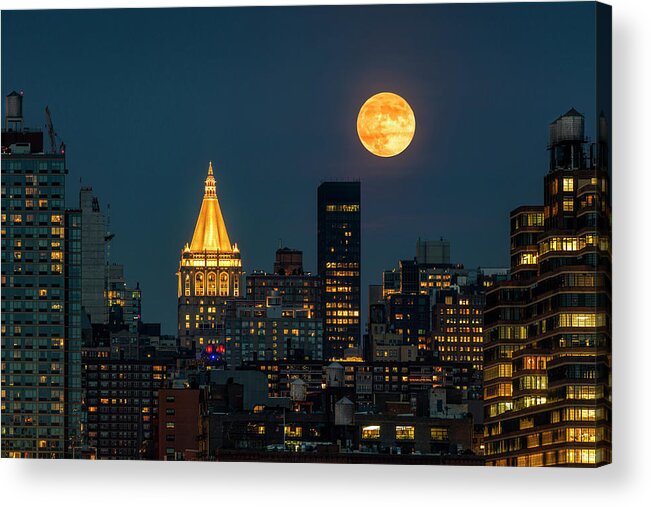 Nyc Skyline Acrylic Print featuring the photograph NY Life Building Full Moon by Susan Candelario