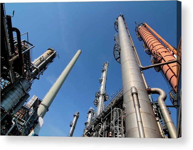 Clear Sky Acrylic Print featuring the photograph Oil Refinery, Hamburg, Germany by Hans-peter Merten