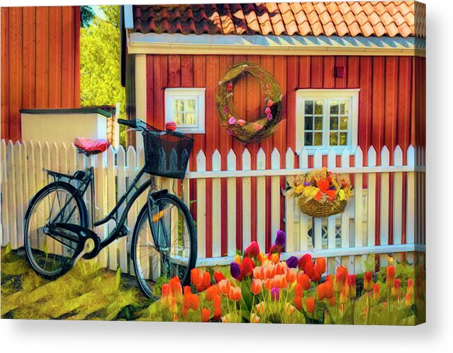 Fence Acrylic Print featuring the photograph Old Bicycle in the Garden in Watercolors by Debra and Dave Vanderlaan