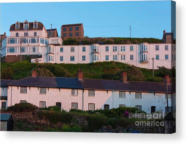 Sennen Cove Acrylic Print featuring the photograph Old Coastguard Row and Sennen Heights by Terri Waters
