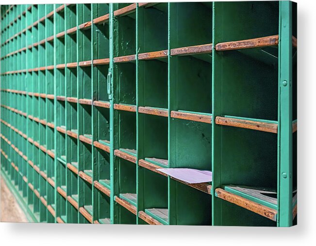 Post Office Acrylic Print featuring the photograph One Letter Left in Old Mail Rack by Darryl Brooks
