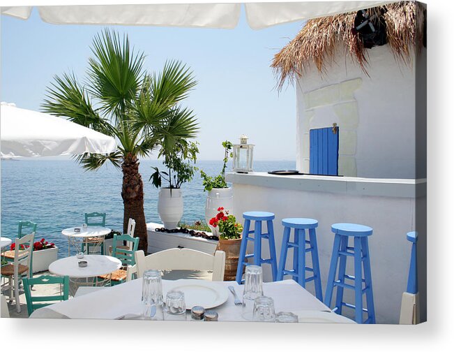 Greek Culture Acrylic Print featuring the photograph Open Air Restaurant By The Sea In by Alanphillips