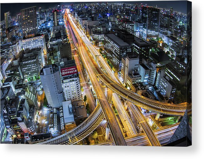 Built Structure Acrylic Print featuring the photograph Osaka Skyline At Night With Highway by Sandro Bisaro