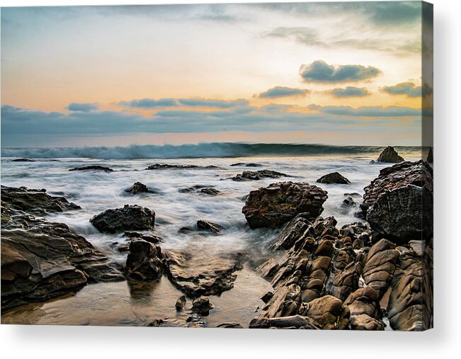Local Snaps Photography Acrylic Print featuring the photograph Painted waves on rocky beach sunset by Local Snaps Photography