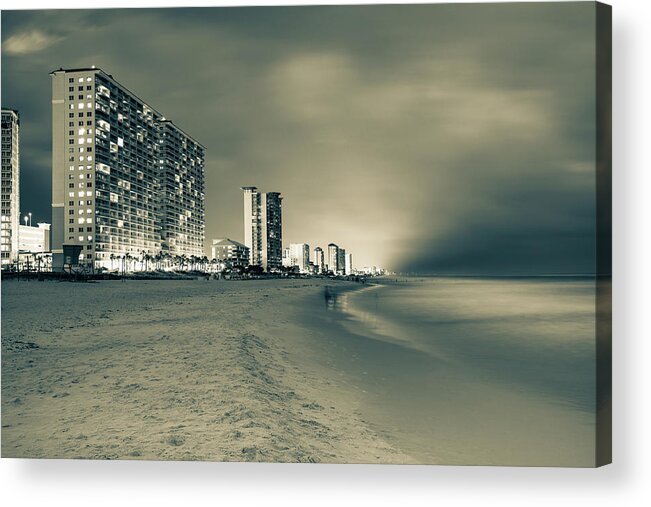 America Acrylic Print featuring the photograph Panama City Beach Florida Skyline at Dusk - Sepia by Gregory Ballos