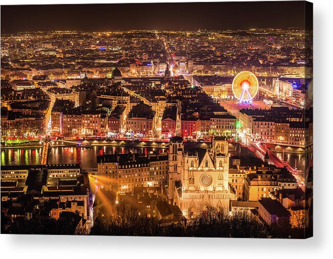 Event Acrylic Print featuring the photograph Panorama Lyon City By Night In by Yanis Ourabah