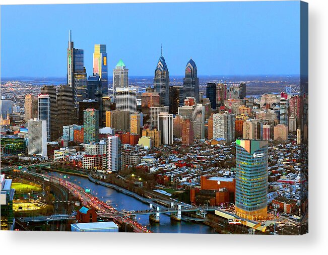 Philadelphia Skyline At Dusk Acrylic Print featuring the photograph Philadelphia Skyline at Dusk 2018 by Jon Holiday